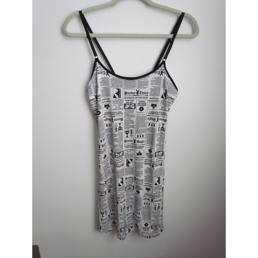 Playboy Intimates Nightgown Slip Dress Black White Newspaper Print Size M